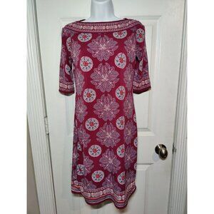 Max Studio Red Boho Floral Boat Neck Half Sleeve Stretch Midi Dress S‎